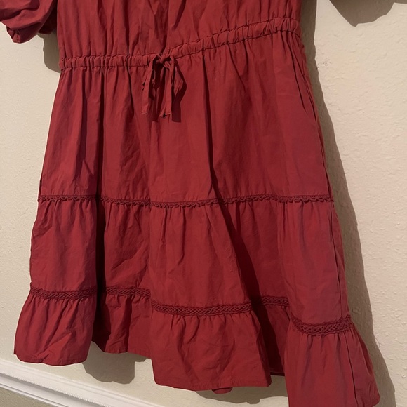 Lost + Wander Rust Short Puff Sleeve V Neck Cinched Waist Mini Dress - Picture 5 of 9